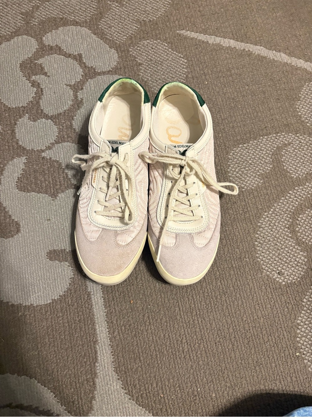 Sam Edelman Cream Suede Lace-Up Sneakers with Green Heel Tab
